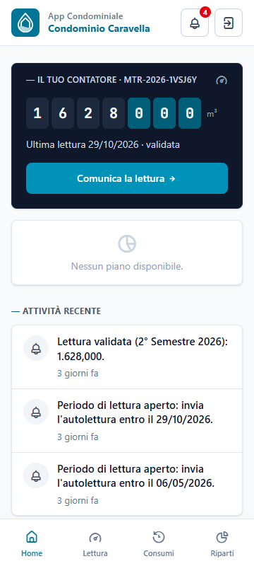 App condomino: home con contatore e ultima lettura
